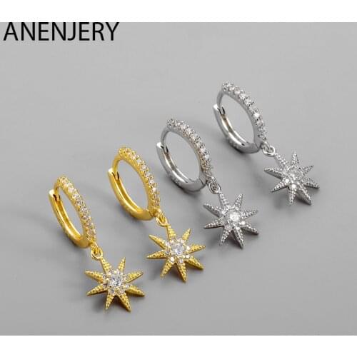 ANENJERY 925 Sterling Silver Hot Fashion Shiny CZ Star Hoop Earrings Micro-Inlaid Zircon Jewelry Gift S-E1427