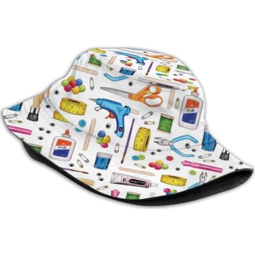 Cute Supplies Pattern Bucket Hat Beach Tourism Hats Breathable Sun Cap Ing Y Er Supplies Scissors Glue Glue Gun Thread Sewing