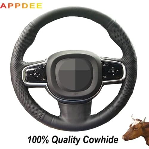 Hand-stitched Black Genuine Leather Steering Wheel Cover for Volvo XC90 2015 2016 2017