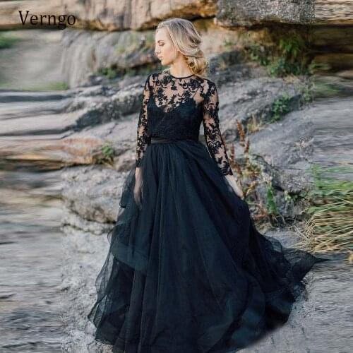 Verngo 2021 Modest Black Long Sleeves Wedding Dress Lace Tulle Waves Bohemian Bridal Gowns Plus Size Maxi Bride Engagement Dress