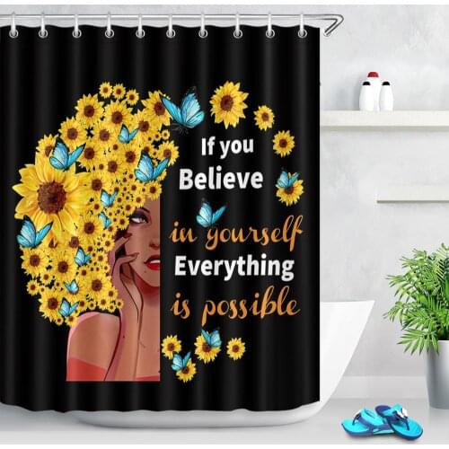 African American Women Sunflower Shower Curtain Yellow Flowers Butterflies Black Afro Shower Curtains For Bathroom with Hooks