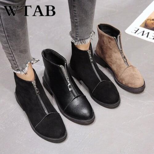 WTAB Ankle winter boots women shoes 2018 short plush zipper Riding shoes Square heel pu boots botas mujer Round Toe shoes women