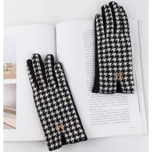 Women Mittens Large lattice wool cashmere thousand bird lattice Full Finger Warm CyclingTouch Screen Phone gloves guantes
