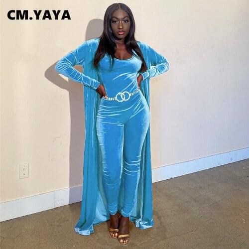 CM.YAYA Women Set Solid Velvet Long Coats + Hollow Out Jumpsuits Two 2 Piece Sets Fashion Casualwear Outfit Autumn Tracksuit