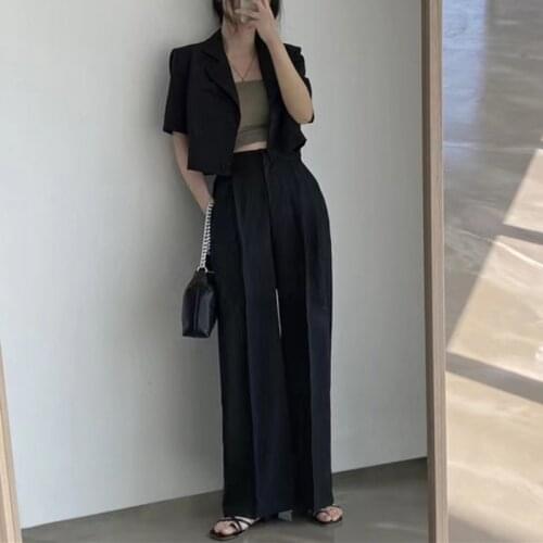 Korean Fashion Casual Two Piece Set Women Crop Top Blazer Coat + Wide Leg Pant Suits Sets Streetwear 2 Piece Sets Ensemble Femme