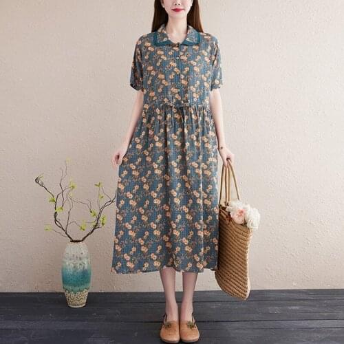 Women Summer A-line Casual Dress New Arrival 2021 Vintage Style Turn-down Collar Floral Print Ladies Elegant Long Dresses B238