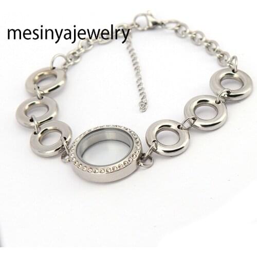 10pcs Style 22CM+5CM Chunky chains 25mm Silver Screw Crystal 316L stainless steel living glass floating locket bracelets