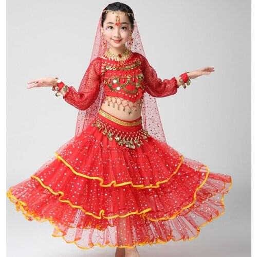 4pcs/1set Girl Professional India Children Belly Dance Costumes For Girls Egypt Sequins Belly Dancing Costume for Girl