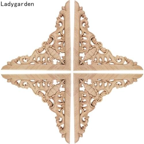 4PCS Wood Statues Carved Decal Corner Onlay Wooden Applique Frame Furniture Wall Unpainted Home Cabinet Door Decor Sculptures