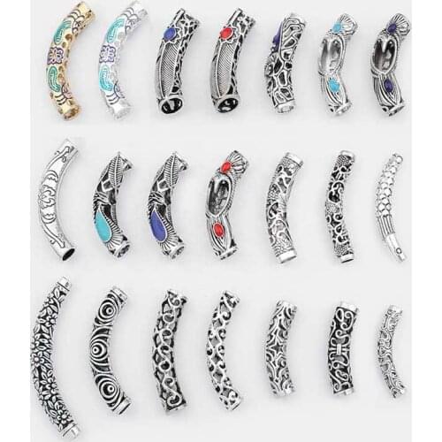5pcs Tibetan Silver Hollow Curved Tube Spacer Beads Flower Connector Charms For 5/6/7/9mm Cord Bracelet Jewelry Findings Making