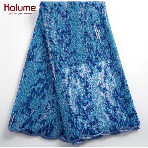 Kalume African Lace Fabric Brocade Tissue 2021 High Quality 5 Yards Sequins Nigerian Tulle Lace Fabric For Dresses Wedding F2436