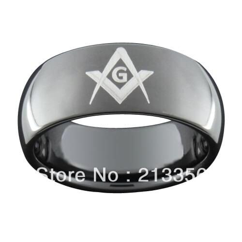 FREE SHIPPING!USA HOT SELLING E&C TUNGSTEN JEWELRY 8MM MENS SHINY BLACK TUNGSTEN MASONIC MASTER RING CLASSIC DOME WEDDING BAND