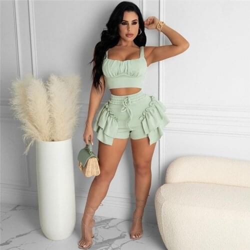 CHRONSTYLE Sexy High Waist Ruffles Shorts Sleeveless Tube Tops Cropped Women Summer 2 Pieces Sets Fashion Clubwear Outfits 2021