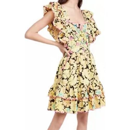 Designer Fashion Yellow Summer Dress Women Batterfuly Sleeve Square Collar Flower Print Embroidery Ruffles Mini Beach Dress