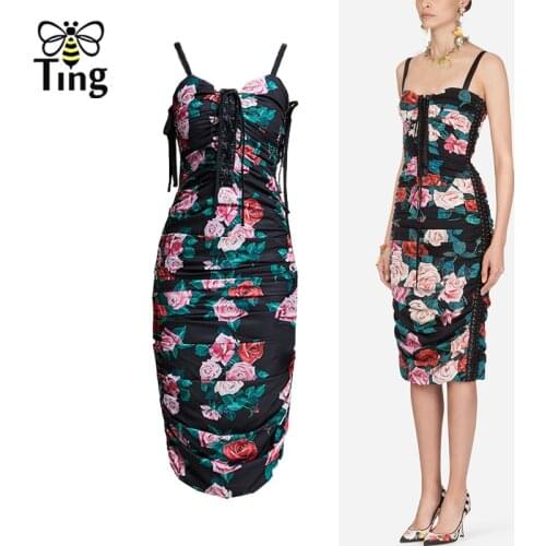 Tingfly New Season Arrivals Designer Rose Floral Print Sexy Sheath Dress Vintage Strap Side Lace Up Party Dresses Bodycon Dress