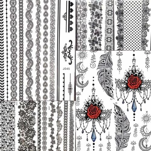 Henna Arm Black Chains Feather Fake Jewelry Sexy Temporary Tattoos Women Stickers Feather Rose Tatoo Custom Body DIY Boho Tattoo