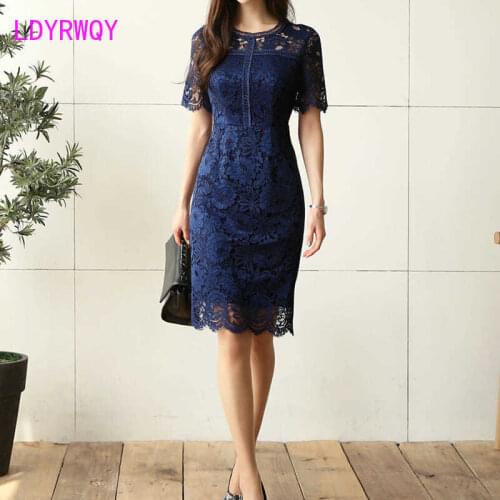 LDYRWQY Lace dress women 2021 summer new waist temperament ladies short-sleeved solid color hip bag Office Lady Knee-Length