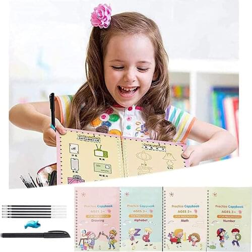3D Magic 4 Books + Pen Reusable Exercise Children 0-10 Writing Stickers Calligraphy English Numbers Letters Montessori Toys