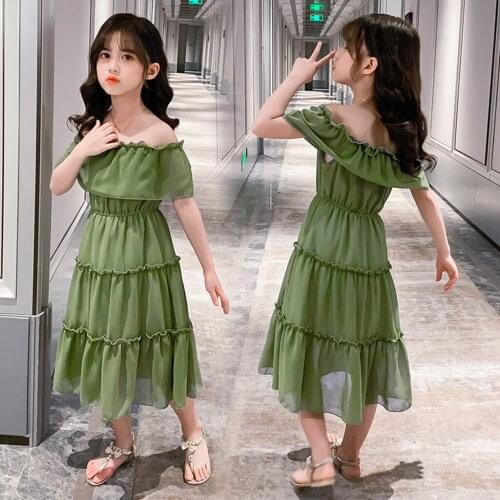 2021 Fashion Elegant Girls Party Dress Kids Baby Children Girls Off Shoulder Strap Ruched Solid Princess Casual Dress Robe Bébé