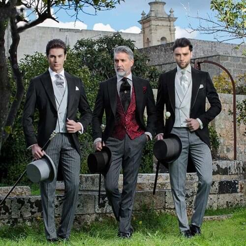 Custom made men suits black tailcoat grey vertical stripe pants floral vests peaked lapel suits for party prom wedding 3 pieces