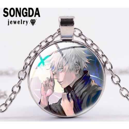 SONGDA Japan Anime Jujutsu Kaisen Metal Necklace Art Pattern Glass Cabochon Long Pendant Women Trendy Jewelry Accessories Gifts
