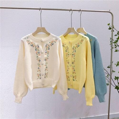 Palenda Autumn 2020 New round Neck Embroidered Flowers Loose Lazy Puff Sleeve Soft Sweater Cardigan Coat