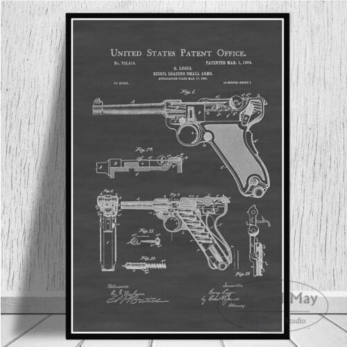 Posters And Prints Gun Blueprint Luger Pistol Patent Chart Wall Art Picture Vintage Canvas Painting Art Decorative Home Decor