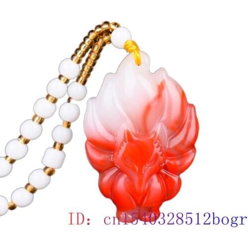 Jade Fox Pendant Carved Natural Jadeite Red white Fashion Jewelry Women Charm Nine-Tailed Amulet Gifts Chinese Necklace