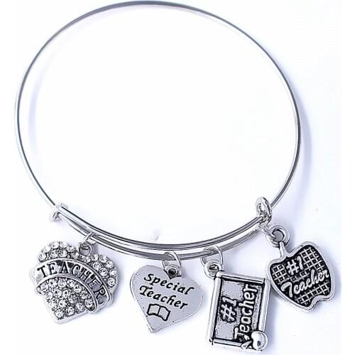 Drop Ship Metal Alloy Number One Special Apple Teacher Charm Expandable Bangles Graduates Jewelry