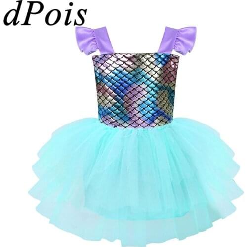Baby Girls Mermaid Dress Children Sleeveless Glossy Fish Scales Backless Mesh Splice Tutu Dress Kids Halloween Christmas Costume