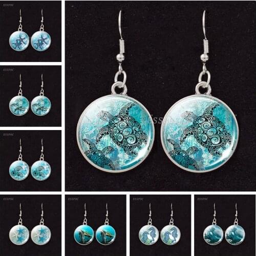 Hook Earring Sea Animals Jewelry Turtle Starfish Jellyfish Glass Cabochon Pendant Earring For Women Gifts