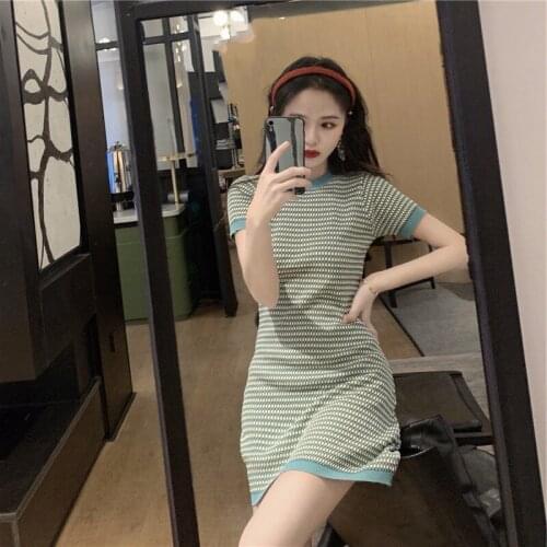 Chic avocado green retro knitted plaid dress female summer 2021 new style little man hyuna style