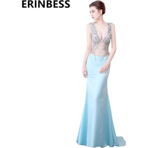 Light Sky Blue Mermaid Evening Dresses See Through V Neck Beaded Rhinestone Long Backless Prom Gowns For Women