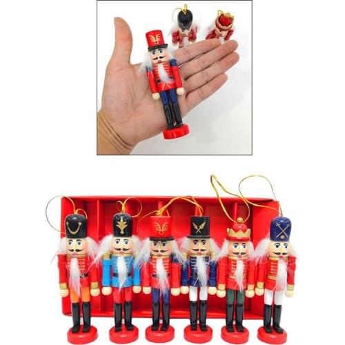 Traditional Christmas Wooden Nutcrackers soldier ornaments - Set of 6 Assorted Wood Designs Xmas Puppet Tree Decorations