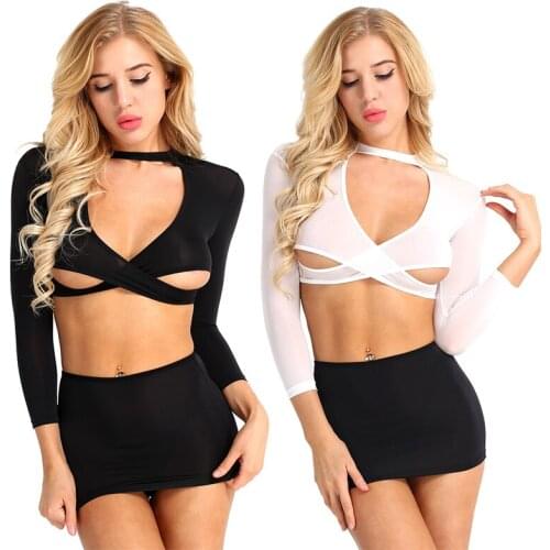 Women Femme Sexy Costumes Exotic Sets Secretary Uniform Cosplay Blouse Set Long Sleeve Crop Top with Mini Skirt and G-string