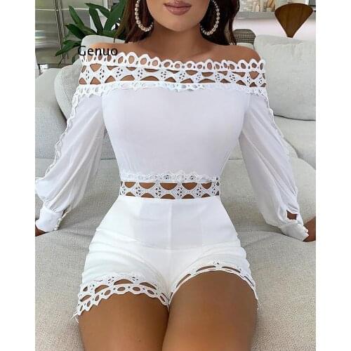 Women Off Shoulder White Black Regular Rompers Solid Color Lace Patchwork Slash Neck Hollow Out Playsuits
