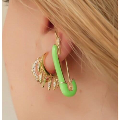 Pink green yellow safety pin earring 2019 neon jewelry for women lady gift Gold filled colorful enamel multi piercing earring