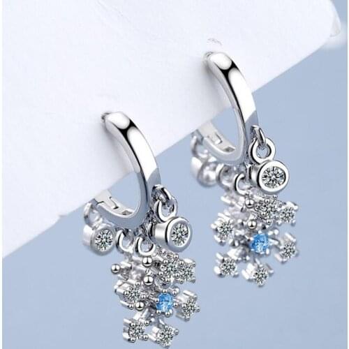 KOFSAC New Cute Snowflake Silver Color Hoop Earrings Tassel Zircon Blue Ear Jewelry Girl Christmas Party Accessories Sweet Gifts