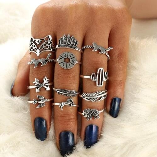 12Pcs/Set Bohemia Abstract Animal Design Elephant Fox Silver Color Rings for Women Geometry Finger Ring Set Female Jewelry Gifts