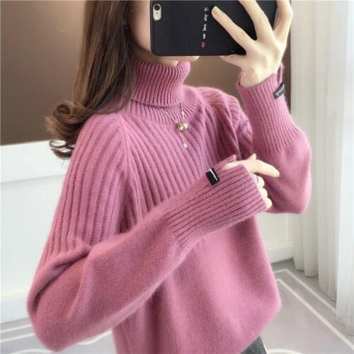 Korean Slouchy Sweaters Womens New Loose 2021 Autumn Winter Solid Turtleneck Pullover Women Tops Knitted Long Sleeve Jumper