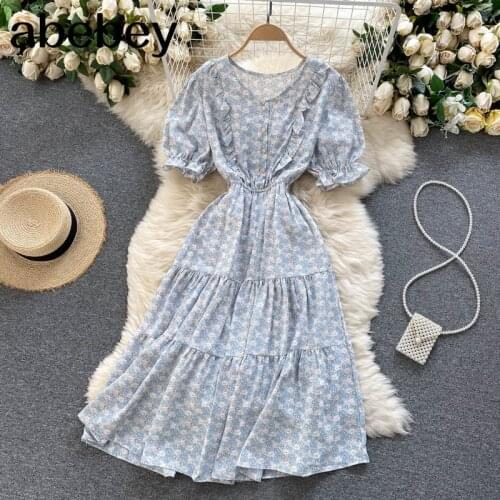 Korean Sweet Floral Dress Women Puff Sleeve V Neck A-line Ruffles Dresses Summer Bohemian Print Chiffon Beach Dress
