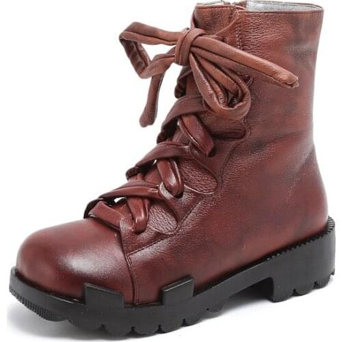 1907-1 Retro Hand-made Lace Thick Heel Rubbing Famous Womens Shoes with Velvet and Warm Pure Cowhide Leather Martin Boots