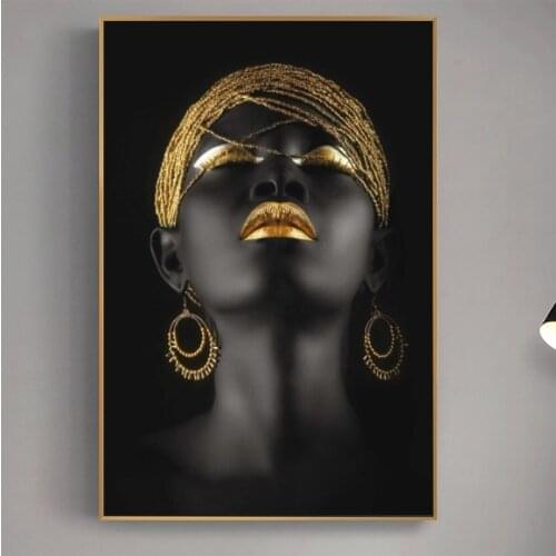 Black African Woman Oil Paintings on Canvas Golden Makeup Portrait Posters and Prints Scandinavian Wall Pictures Home Decoration