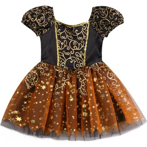 Childrens Clothing Set Girls Halloween Costumes Babys Clothes Yarn Dress Black Square Collar Short Puff Sleeves With Sequins