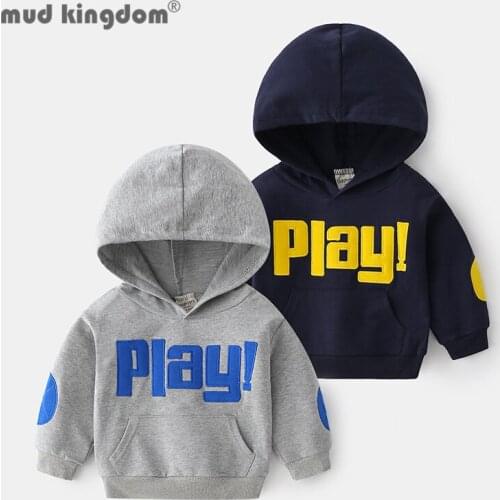 Mudkingdom Kids Hooded Sweatshirts Letter Patch Designs Pullover Long Sleeve Fashion Tops for Boy Spring Autumn Loose Clothing