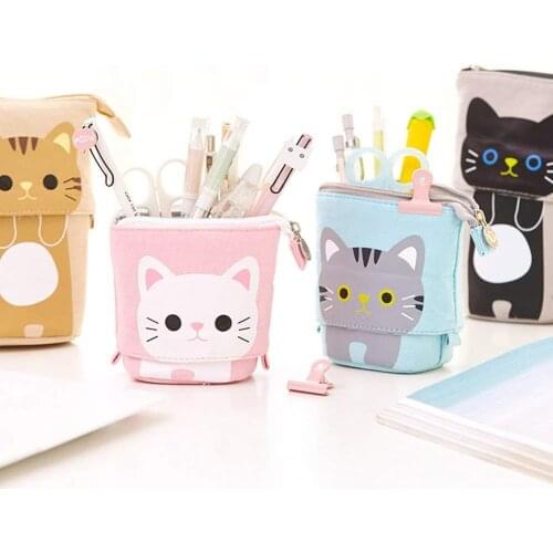 NEW canvas Cartoon Cute Cat Telescopic Pencil Pouch Bag Stationery Pen Case Box with Zipper Closure