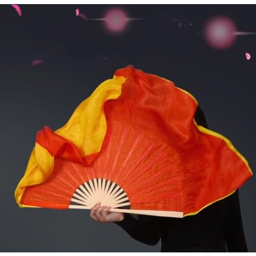 Chinese Bamboo Fan Real Silk Fan One Yellow Side One Red Side Double Color Fan Opening Yangko Dance