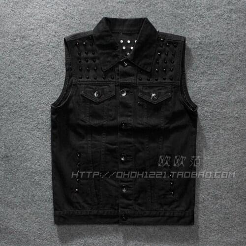 Spring Summer Pocket Rivet Pure Black Motorcycle Club Mens Denim Vest Punk Young Man Moto Biker Sleeveless Jacket