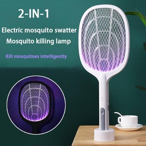 2 In 1 Electric Mosquito Swatter/Killing Lamp 3000V Bug Zapper Safety Grid Racket with Base USB Summer Pest Flies Killer Trap