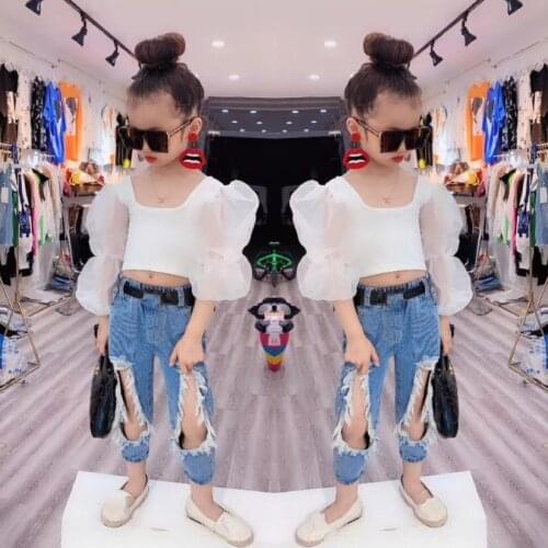 Summer new fashion mesh patchwork Puff sleeve short t-shirts baby girl sweet style tops child princess tees kids clothes